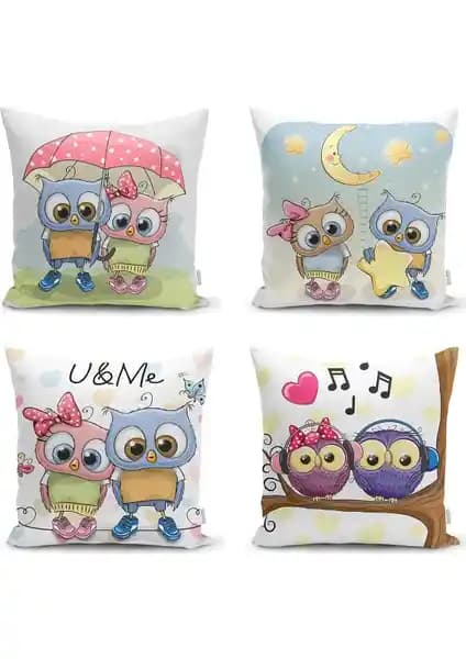 RealHomes Sevimli Baykuşlar 4’lü Yastık Kırlent Kılıf Seti Modern ve Dayanıklı Ev Dekorasyonu