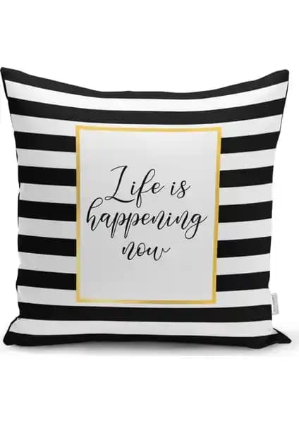 RealHomes Siyah Beyaz Gold Yazılı Modern Dekoratif Yastık Kılıfı 43x43 cm şık ve dayanıklı tasarım