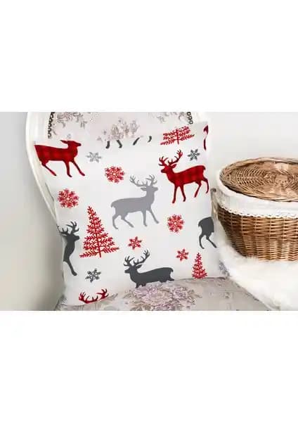 RealHomes Yılbaşı Temalı Beyaz Zemin Dijital Baskılı Kırlent Kılıfı 43x43 cm