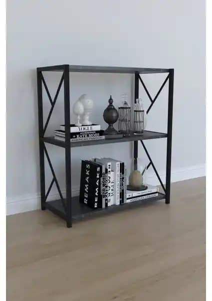 Remaks 3 Raflı Metal Kitaplık Siyah Mermer Yüzey Modern ve Dayanıklı Tasarım