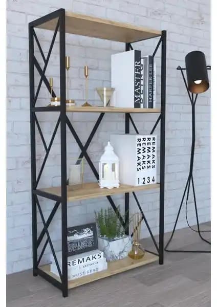 Remaks 4 Raflı Metal Kitaplık Meşe Renkli Modern ve Dayanıklı Depolama Çözümü