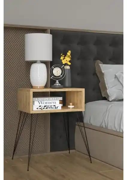 Remaks Elit Metal Ayaklı Komodin Meşe Kaplama Modern ve Sağlıklı Tasarım