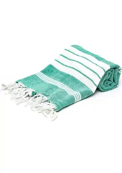 Rosa Bianca Yeşil Beyaz Şeritli Yıkanmış Pamuk Peştamal Plaj ve Ev Kullanımı İçin