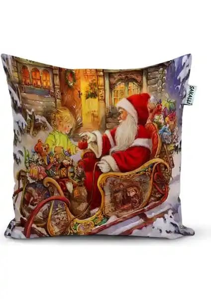 Sakallı Home Yılbaşı Kartpostal Desenli 3D Dijital Baskılı Kırlent Kılıfı 43x43 cm