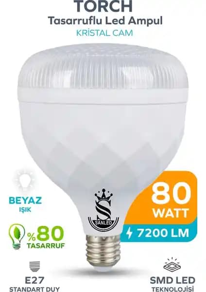 ŞANLED 80W Kristal Tasarruflu E27 Beyaz Işık Torch LED Ampul Modern ve Enerji Verimli Aydınlatma Çözümü