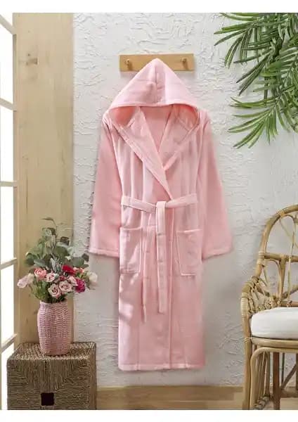 Semecca Lara Pudra Kadife Kapüşonlu Unisex Bornoz Konfor ve Şıklık Sunar