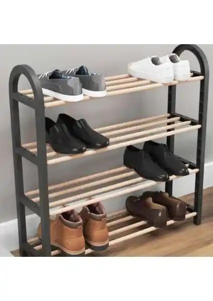 Sinbo Siyah Ahşap Çubuklu 4 Katlı Masif Ayakkabılık: Estetik ve İşlevsellik Bir Arada