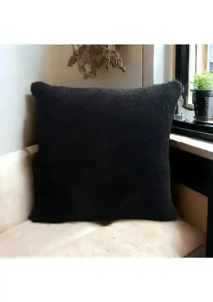 Sk Home Çift Taraflı Peluş Teddy Polar Dekoratif Kırlent Kılıfı 43x43 cm Siyah