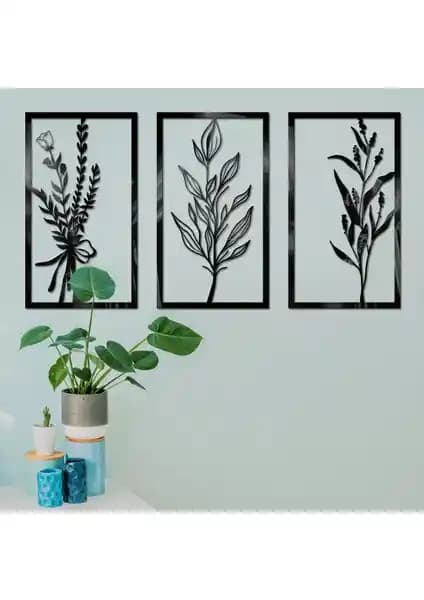 Standarts 3'lü Çiçek Figürlü Lazer Kesim Ahşap Tablo Dekoratif ve Modern Tasarım