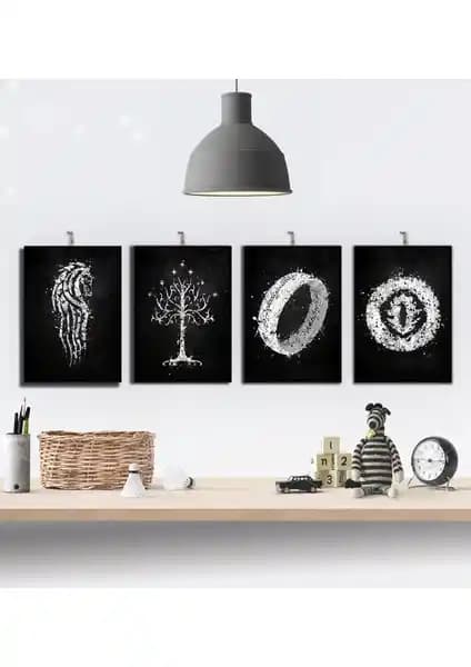 Tontilika Yüzüklerin Efendisi Temalı 4'lü Ahşap Tablo Seti Dekorasyon ve Hediye Seçenekleri