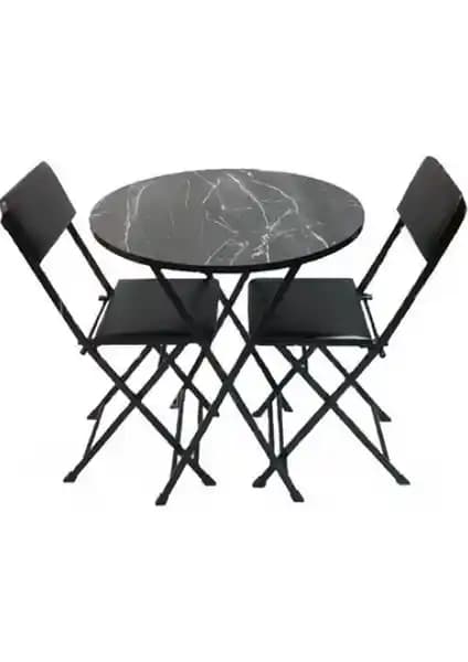 Tubix Siyah Mermer Desenli Yuvarlak Masa ve Sandalye Takımı Modern ve Dayanıklı Tasarım