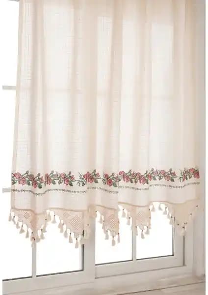 Tuncay Tekstil Kırmızı Kanaviçe El Dantelli Pamuk Perde Ev Dekorasyonu İçin Uygun