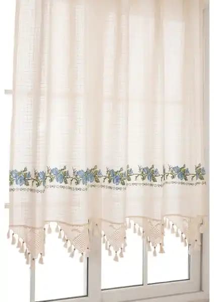 Tuncay Tekstil Mavi Kanaviçeli El Dantelli Pamuklu Fon Perde Ev Dekorasyonu İçin