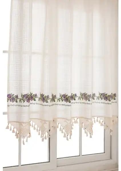 Tuncay Tekstil Mor Kanaviçeli El Dantelli Keten Perde Ev Dekorasyonunda Şıklık ve İşlevsellik