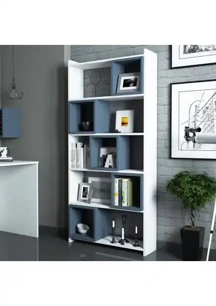 Variant Mobilya Beyaz Mavi Kitaplık Modern ve Şık Depolama Çözümü