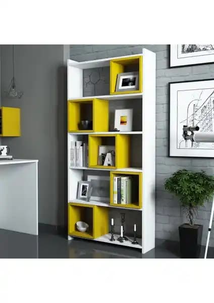 Variant Mobilya Beyaz Sarı Modern Kitaplık - Estetik ve Fonksiyonellik Bir Arada