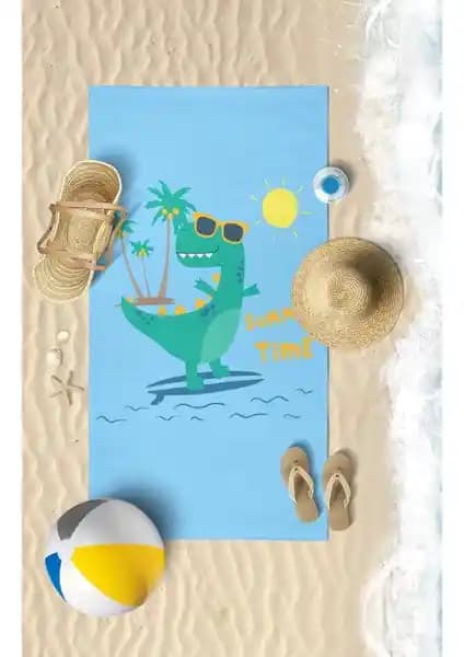 Vevien Home Surf Dino 2 Çocuk Plaj Havlusu Renkli Baskılı ve Konforlu Tasarım