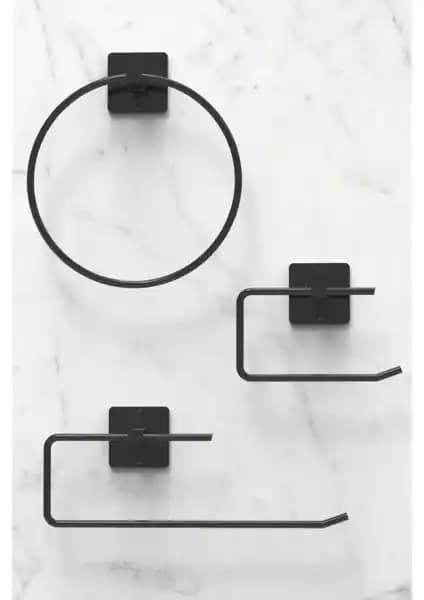 Viki House Siyah Yapışkanlı Kare Rulo Havluluk ve Tuvalet Kağıtlık Seti Modern Banyo Dekorasyonu