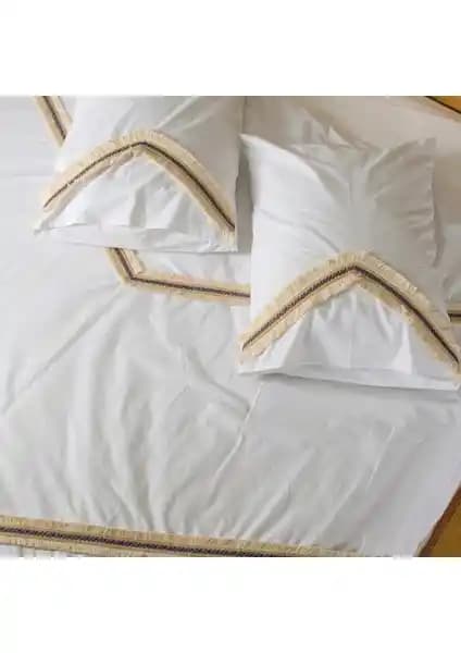 Vivamaison Mavi Püsküllü Organik Beyaz Çift Kişilik Nevresim ve Yastık Seti