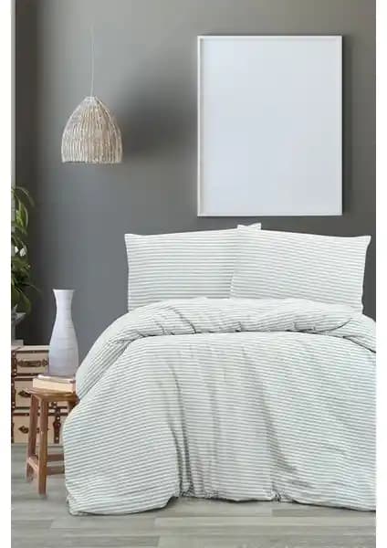 Vivamaison Organik Gri Keten Çizgili Çift Kişilik Nevresim ve Yastık Seti 80 karakter