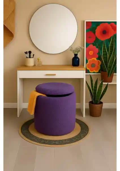 Woodymaison Teddy Kuzu Tüy Kumaş Sandıklı Silindir Puf Modern ve Çok Amaçlı Tasarım