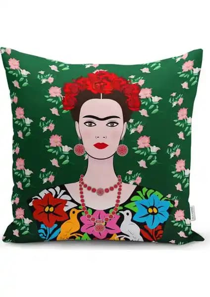 Yeşil Zeminde Frida Kahlo Motifli Özel Tasarım Yastık Kılıfı Ev Dekorasyonuna Şıklık Katar