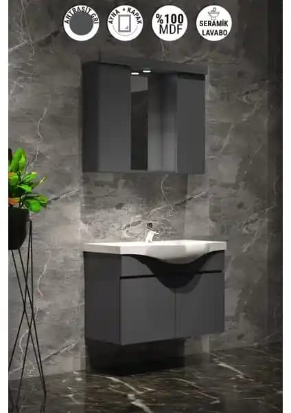 Yılz 80 cm Antrasit Gri Mat MDF Banyo Dolabı Takımı Modern ve Fonksiyonel Tasarım