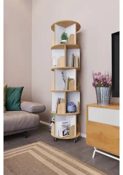 Zeo Wood Design 360° Döner Kitaplık: Estetik ve Fonksiyonellik Sunan Modern Depolama Çözümü