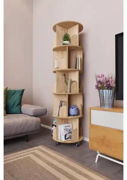 Zeo Wood Design 360° Döner Kitaplık ile Modern ve Fonksiyonel Depolama Çözümü