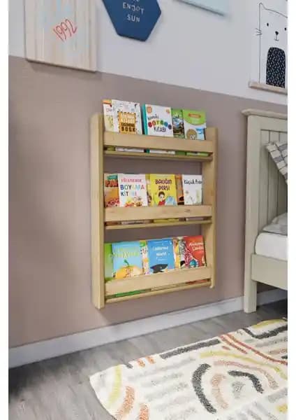 Zeo Wood Design Montessori 3 Raflı Çocuk Kitaplığı Güvenli ve Estetik Çocuk Odası Depolama Çözümü