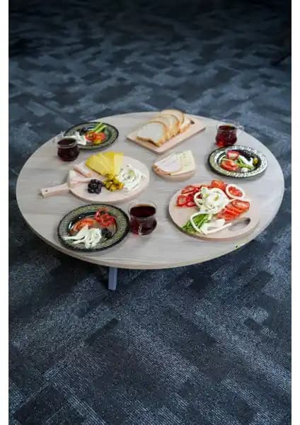 Zevahir Mobilya Ahşap Desenli Metal Katlanır Yuvarlak Yer Sofrası 60 cm yüksekliğinde geniş seçenekler
