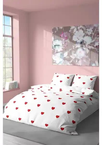 Zeynep Tekstil Pamuklu Tek Kişilik Nevresim Seti Kırmızı Kalpli Desenle Şıklık ve Konfor
