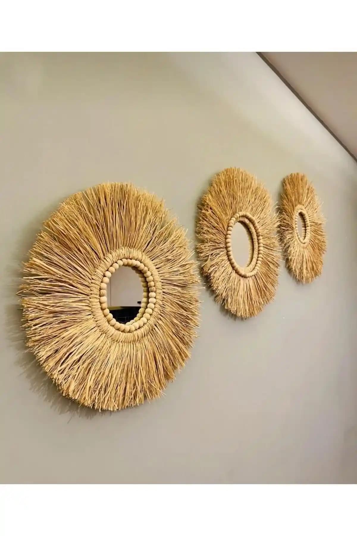 Bohem Tarzında Doğal Malzemeli Üç Parçalı Duvar Süsü Dekorasyonu