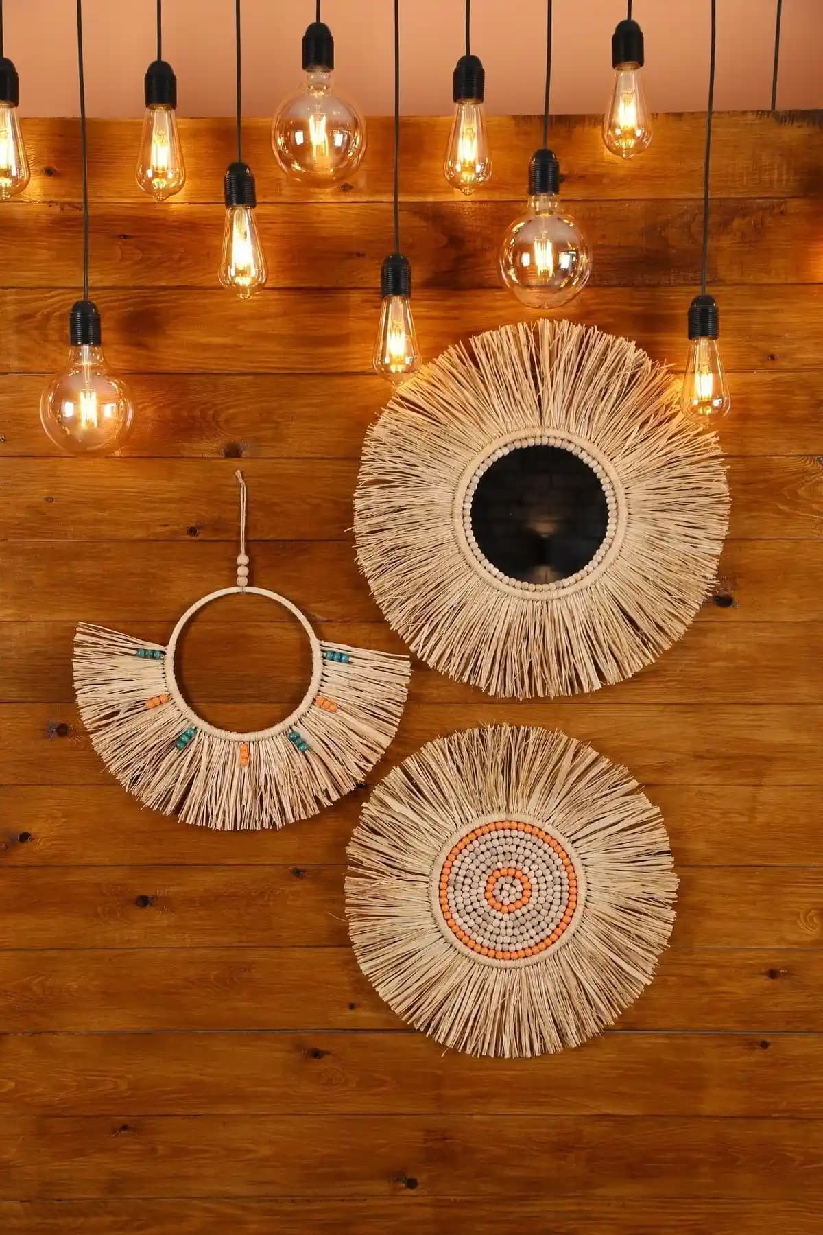 Bohem Tarzını Yansıtan El Yapımı 3’lü Rafya Ayna Seti Doğal ve Sıcak Dekorasyon İçin