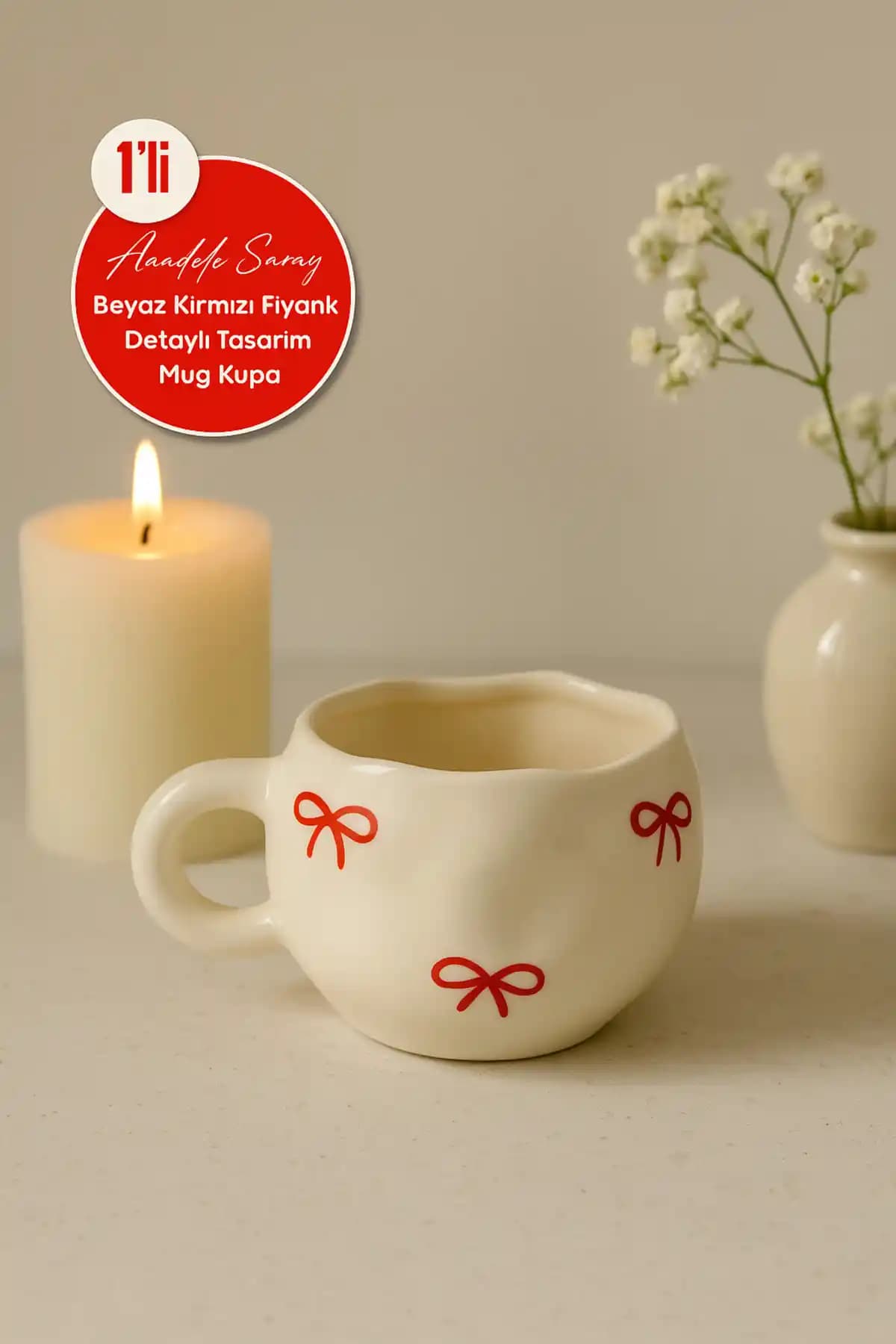 El yapımı seramik kupa büyük boy kırmızı baskı modern ve geleneksel tasarım ile Türkiye üretimi