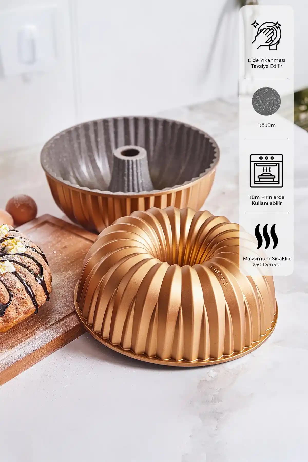 Emsan Griss Hardstone 24 cm Döküm Kek Kalıbı Altın Renkli Dayanıklı ve Estetik Tasarım