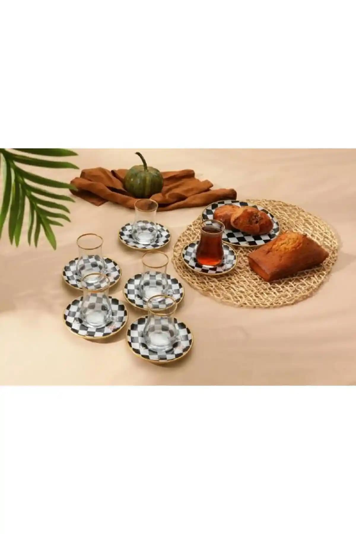 GÜRCÜGLASS Damar ve Kelebek Detaylı Modern Cam Çay Seti 12 Parça Şık Tasarım