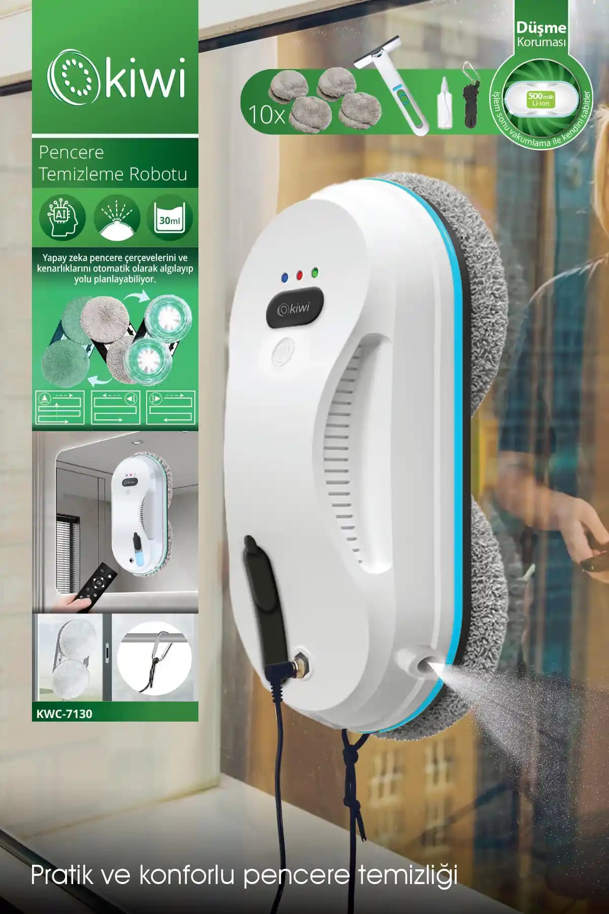 Kiwi Kwc-7130 Uzaktan Kumandalı Cam Temizleme Robotu Gelişmiş Temizlik Teknolojisi
