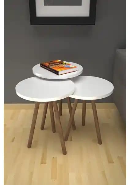 Limnizza Ahşap Ayaklı Zigon Sehpa Beyaz 3'lü Yuvarlak Modern Tasarım ve Dayanıklılık