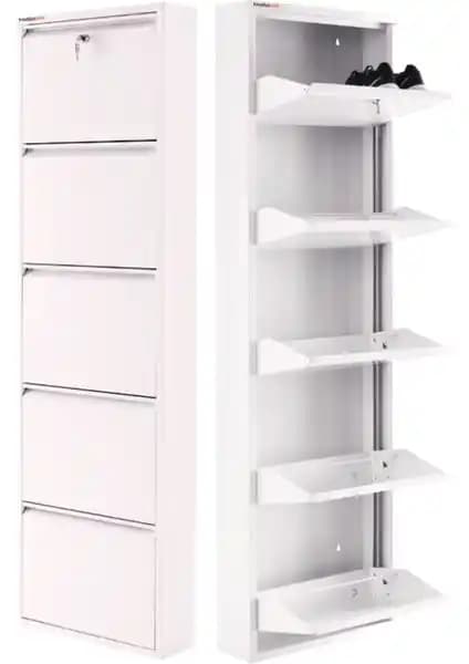 Mobilya Pratik Kilitli 5'li Metal Ayakkabılık Beyaz Renkli Dayanıklı Tasarım