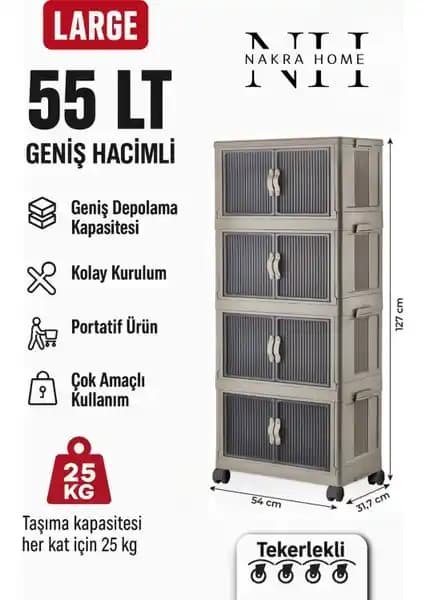 Nakra Home Katlanabilir 4 Katlı Tekerlekli Plastik Dolap: Çok Amaçlı ve Modern Depolama Çözümü