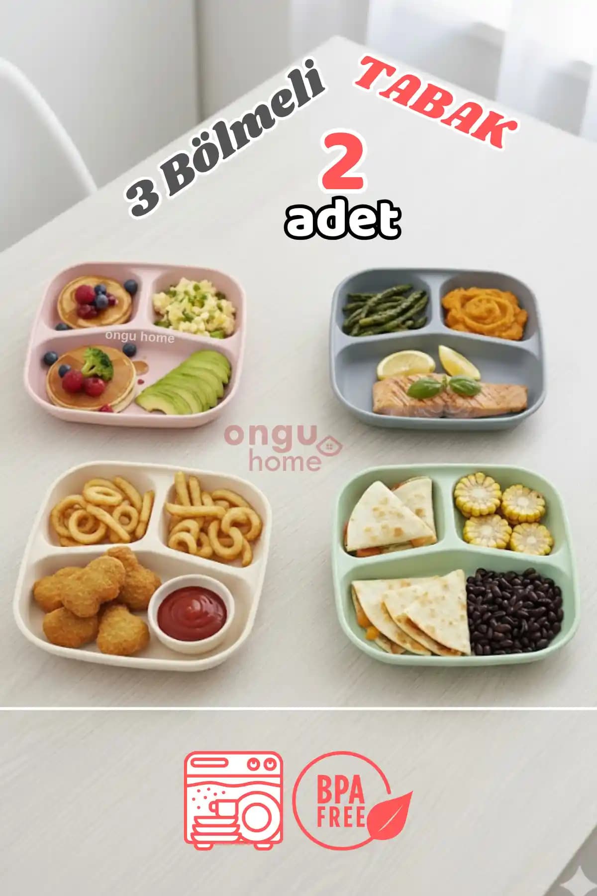 Ongu Home 2'li Çok Renkli Üç Bölmeli Yıkanabilir Tabak Seti Modern ve Pratik Kullanım İçin