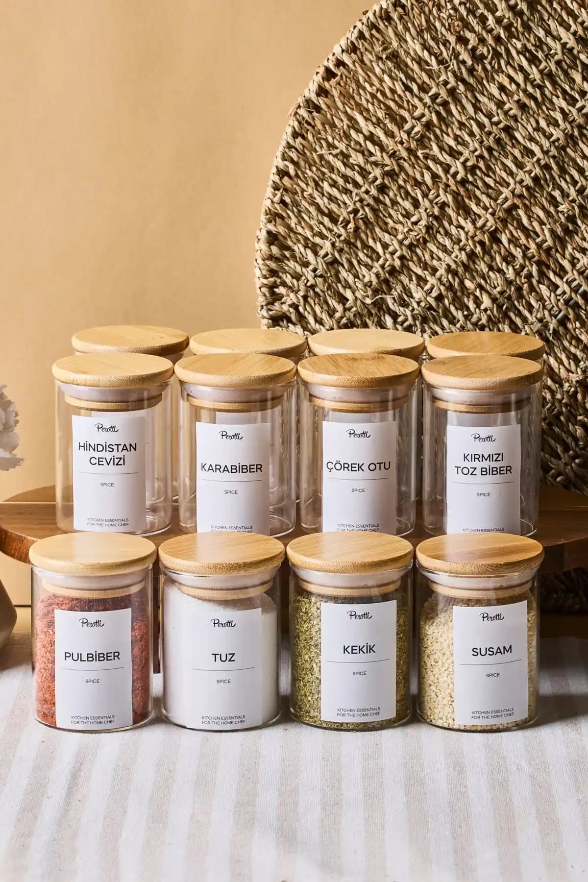 Perotti Eraldo 12'li Bambu Kapak Borosilikat Cam Baharatlık Seti Mutfakta Şıklık ve Düzen Sağlar