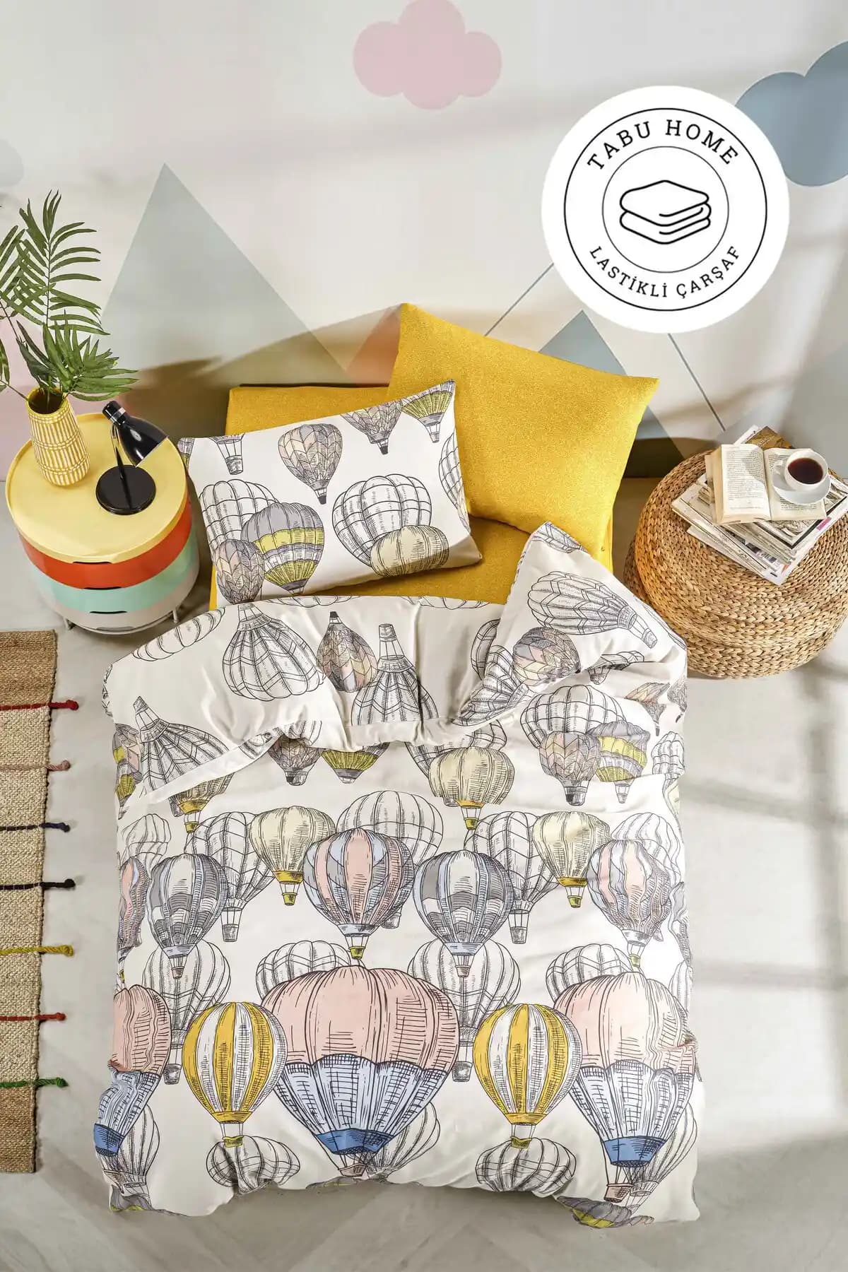 Tabu Home Cappadocia Balon Desenli Lastikli Krem Nevresim Takımı 160x220 cm