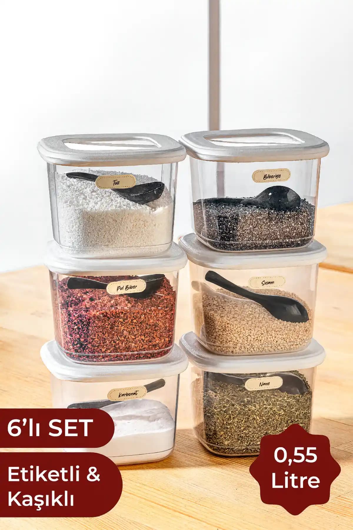 Vienev Etiketli Kaşıklı Kare Saklama Kabı Seti 6'lı Modern ve Dayanıklı Tasarım
