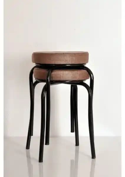 Akk Ticaret 2 Adet Desenli Kahverengi Kumaş ve Siyah Metal Profil Mutfak Tabureleri