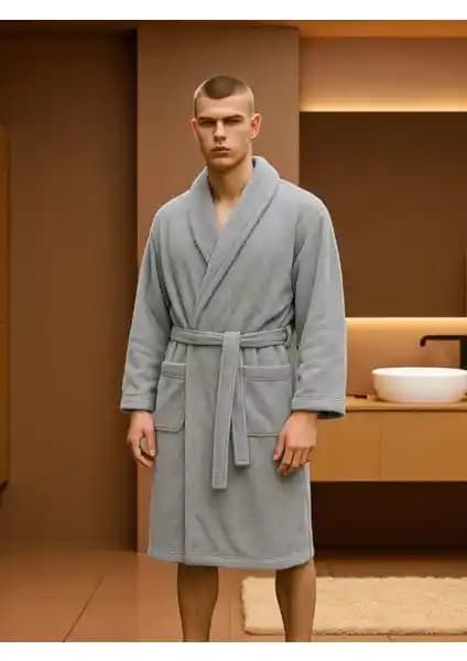 Asev Tekstil Pamuklu Unisex Bornoz Gri Renkli Rahat ve Şık Tasarım