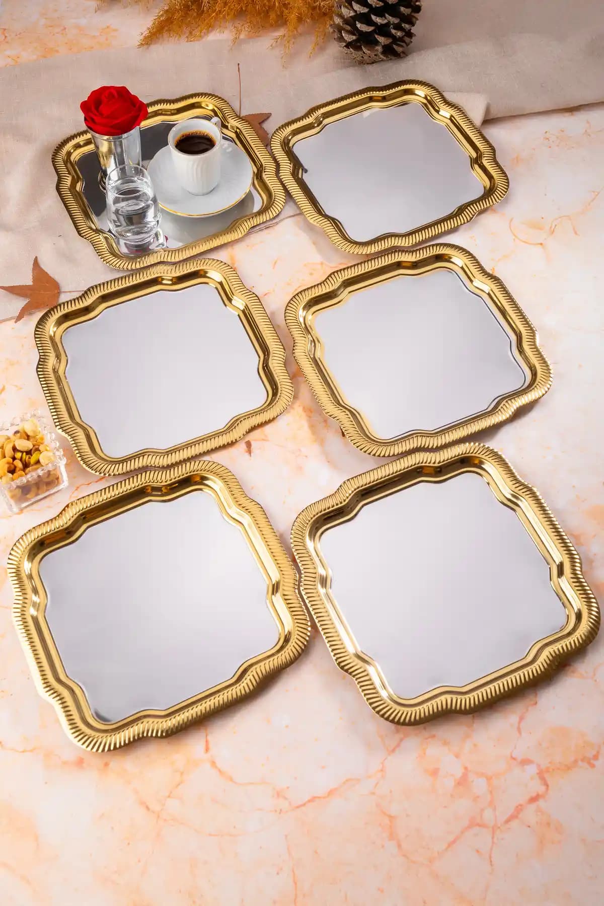 AslıHediyelik 6'lı Lüx Desenli Papatya Motifli Güçmüş Servis ve Sunum Tepsisi