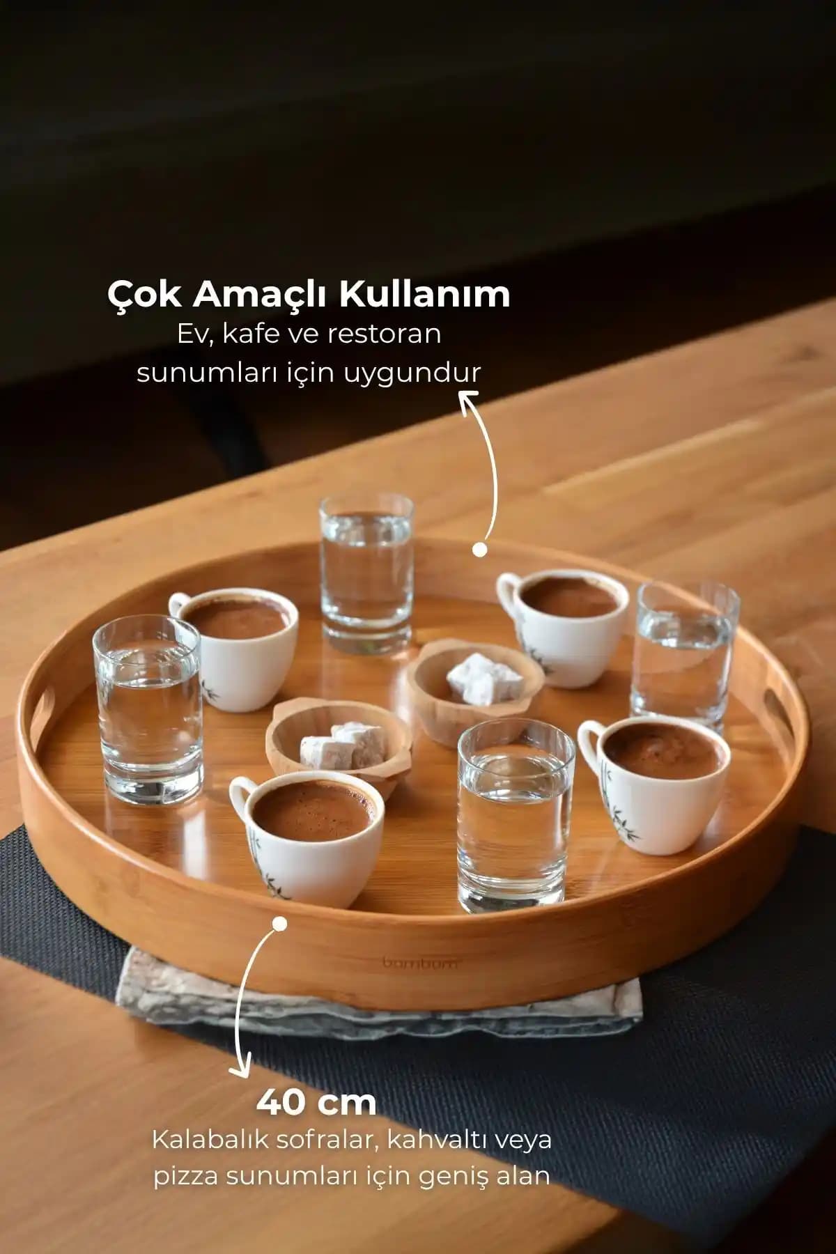 Bambum Carne Yuvarlak Tepsi 40 Cm Doğal Bambu Malzemeden Şık ve Dayanıklı Servis Aracı