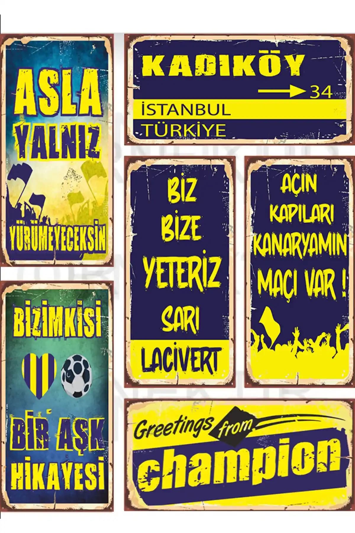 Baskı Atölyesi Sarı Lacivert 6'lı Ahşap Tablo Pano Seti Modern Dekorasyon İçin